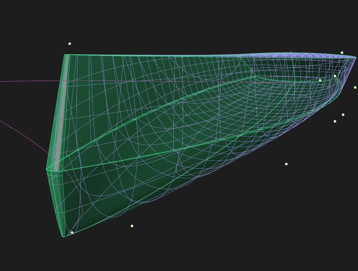 Parametric hull fairing — control net live on the surface